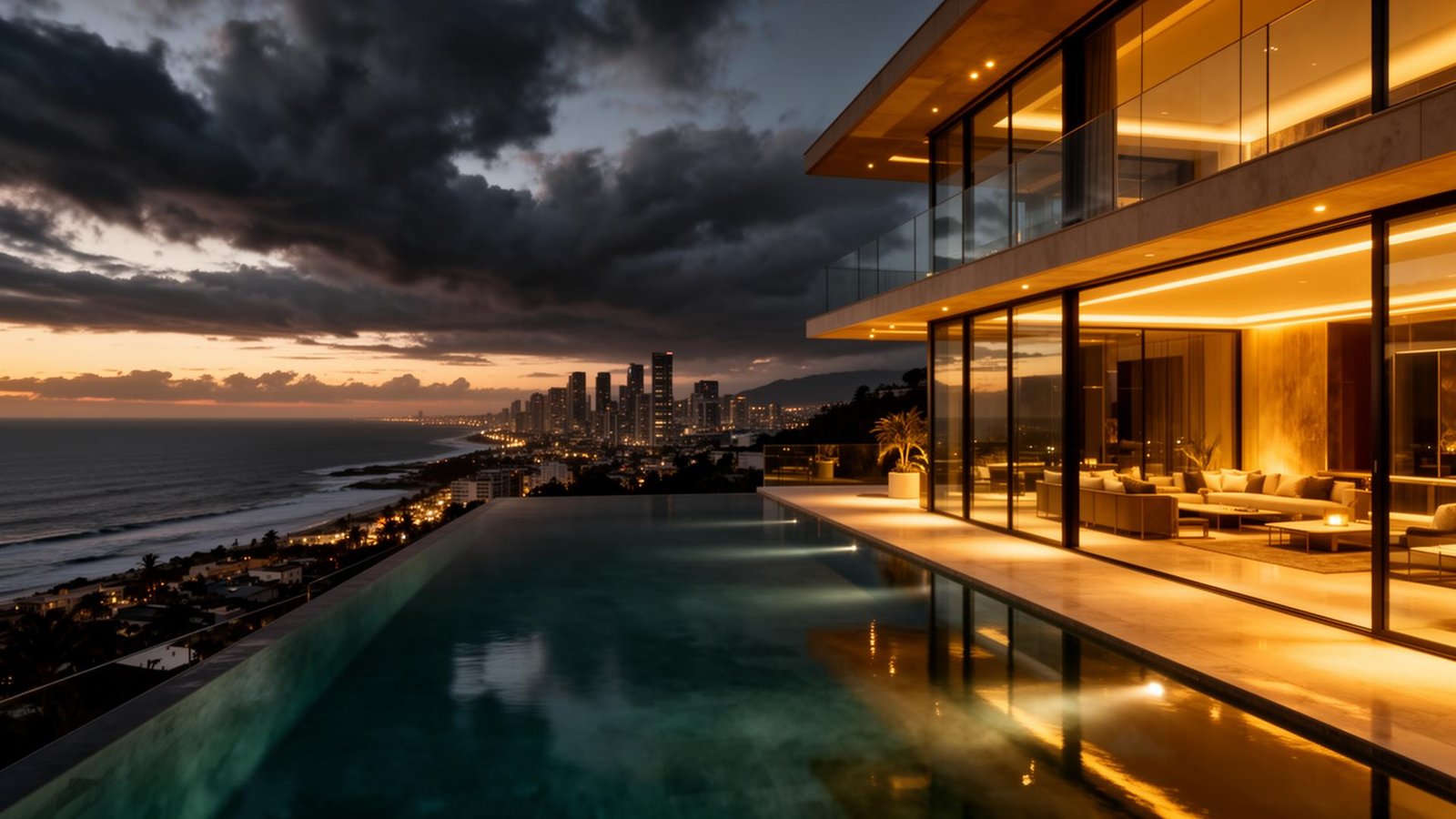Cinematic luxury estate at dusk
